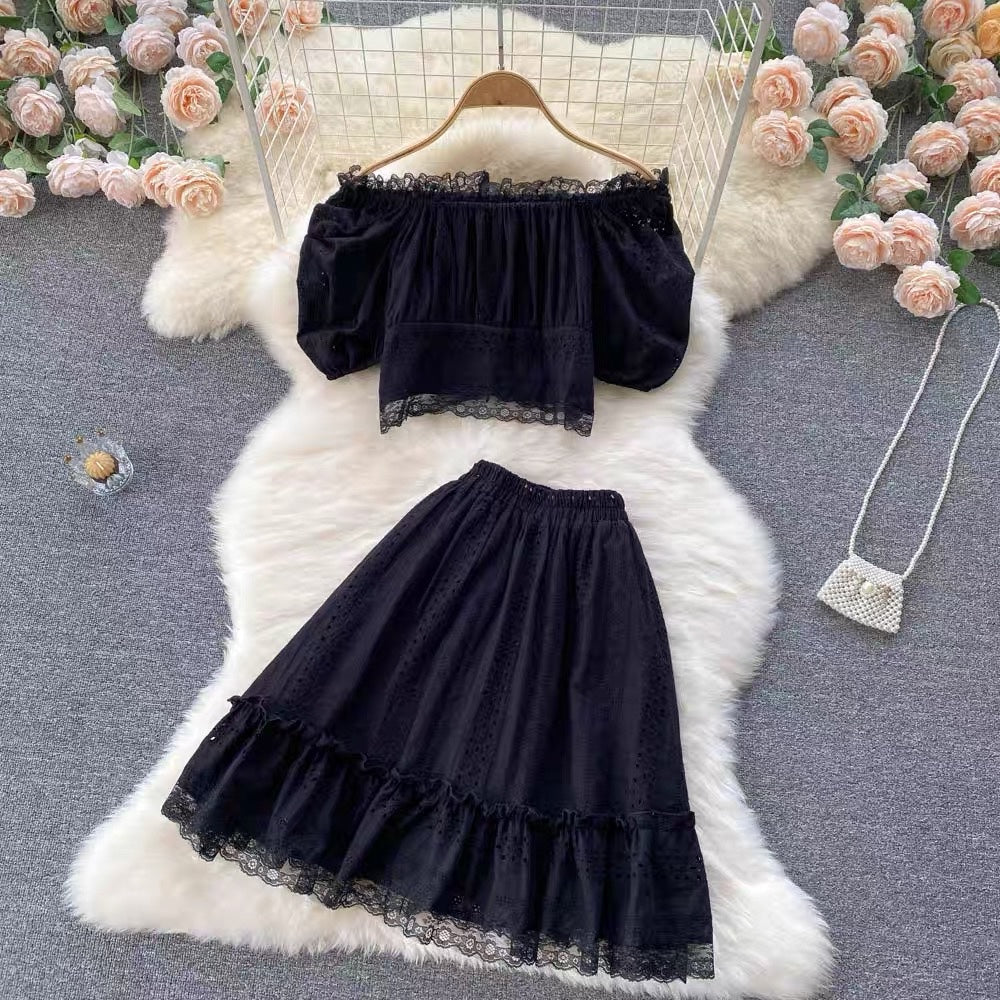Off shoulder crop top and A line skirt set