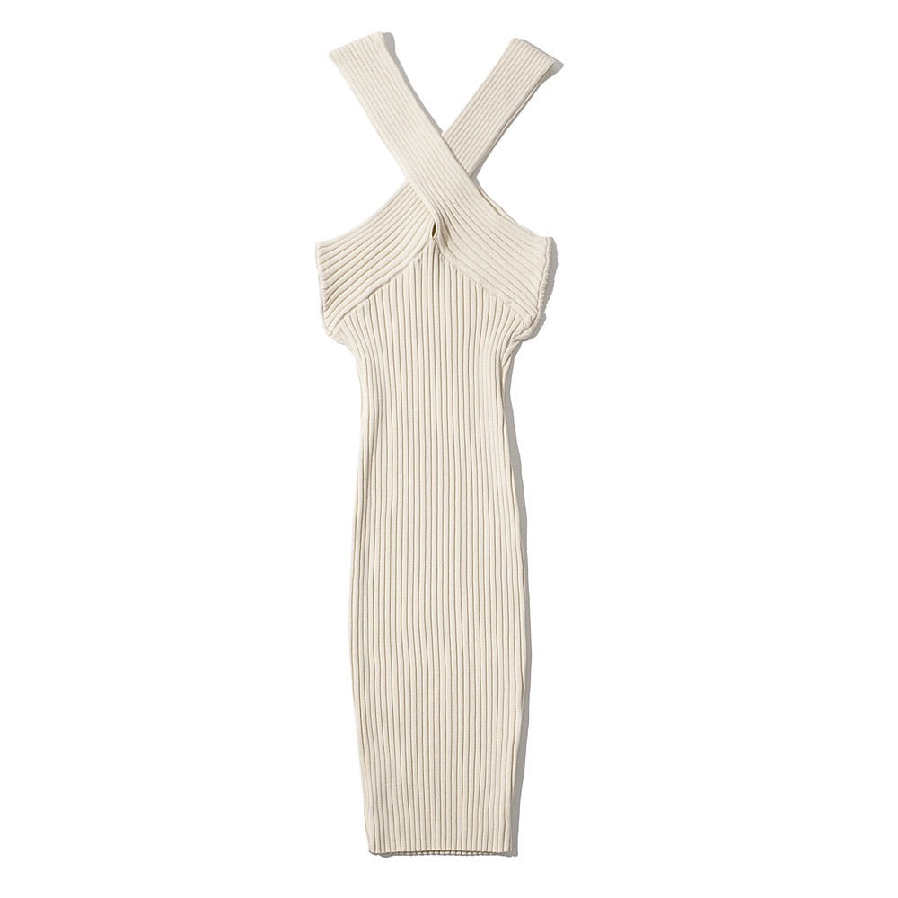 Halted cross midi knit dress