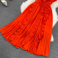 Pleated ruffle midi chiffon dress