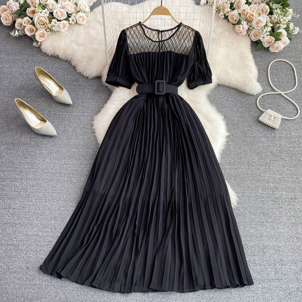 Belted round neck pleated midi dress