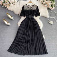 Belted round neck pleated midi dress