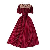 Belted round neck pleated midi dress