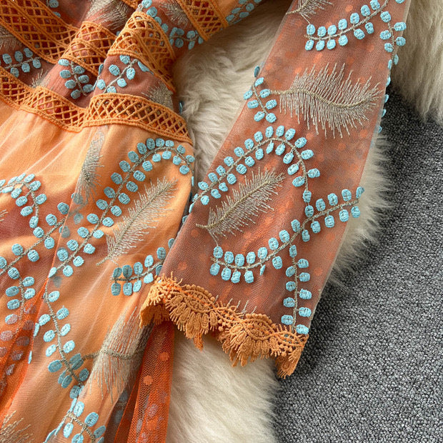 3D embroidery meshed lace maxi dress