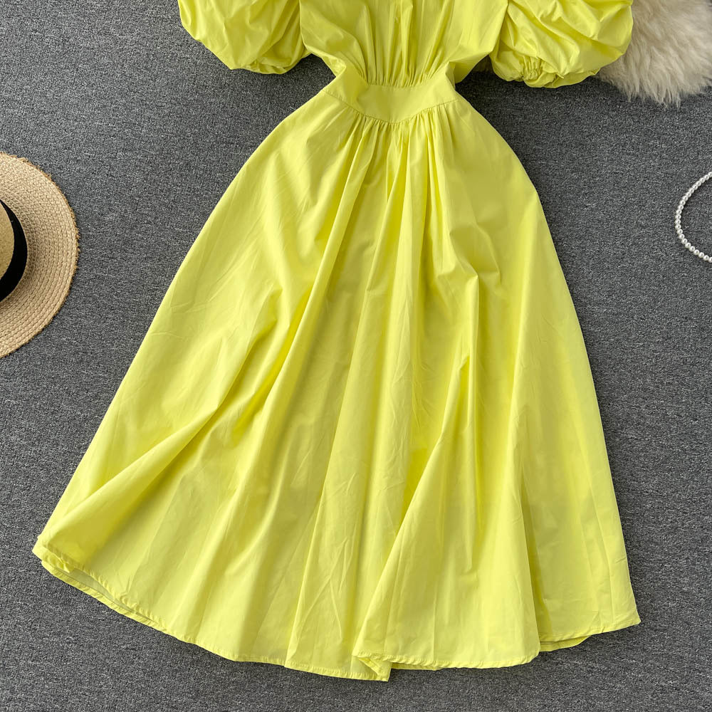 Puff sleeve mock neck solid colour midi dress