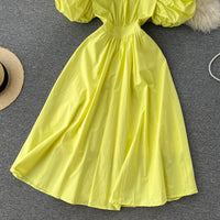 Puff sleeve mock neck solid colour midi dress