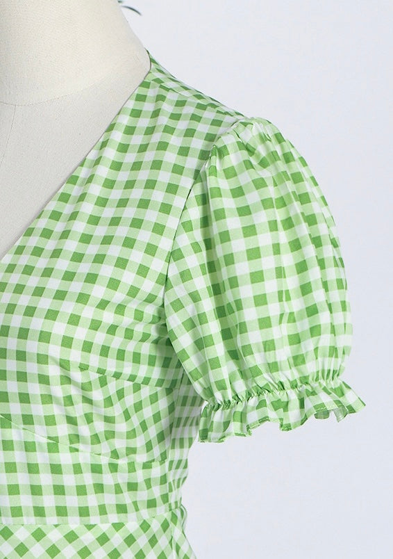 V neck green plaided midi dress