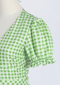 V neck green plaided midi dress