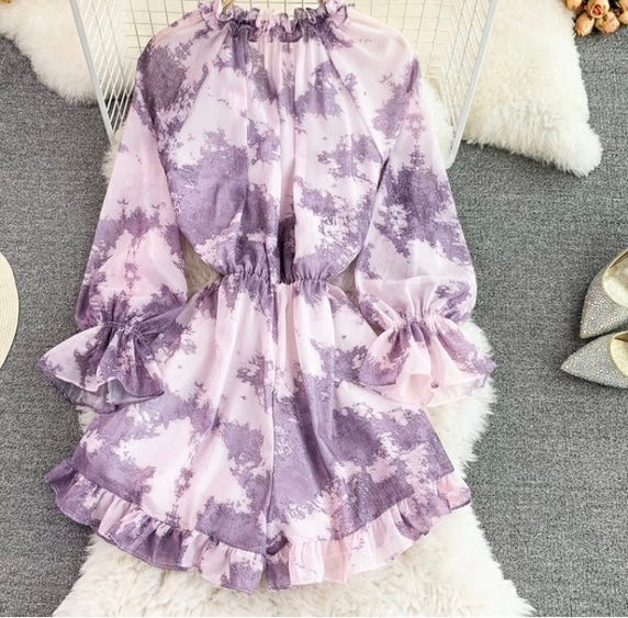 Long sleeve tie neck button up romper