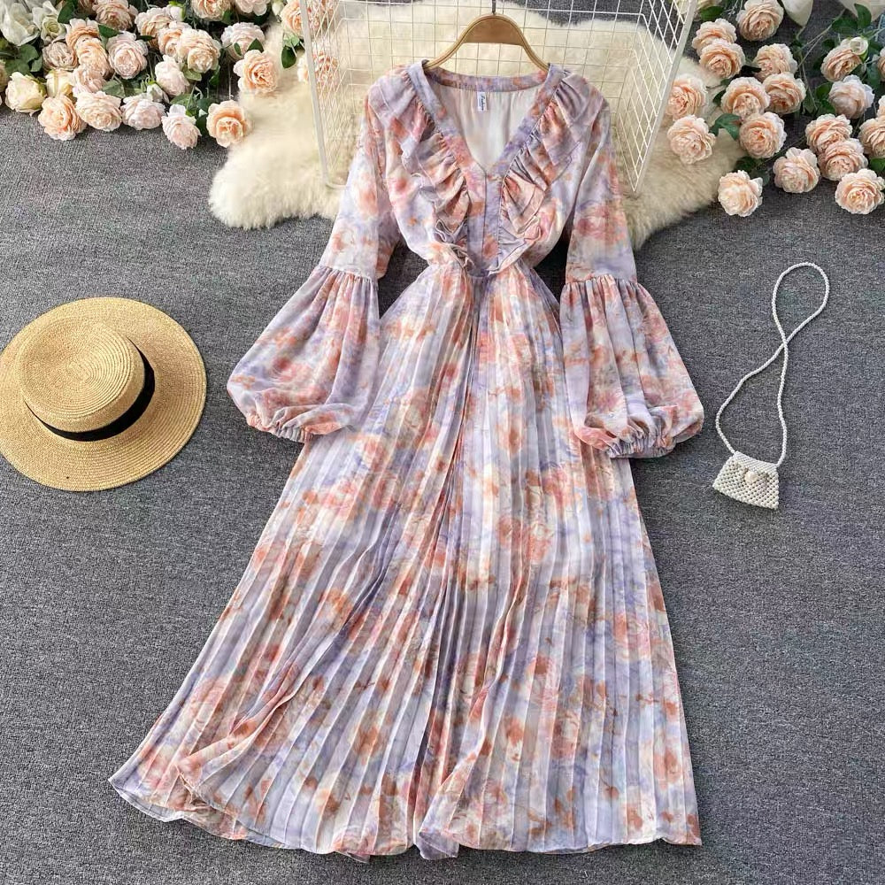 Balloon sleeve ruffle V neck pleated dress