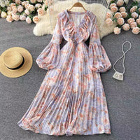 Balloon sleeve ruffle V neck pleated dress