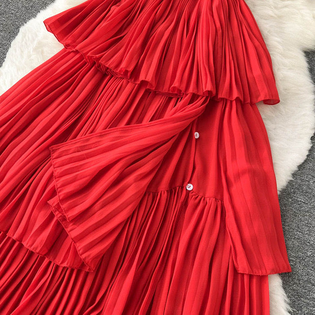 Off shoulder flappy pleated layers slit dress