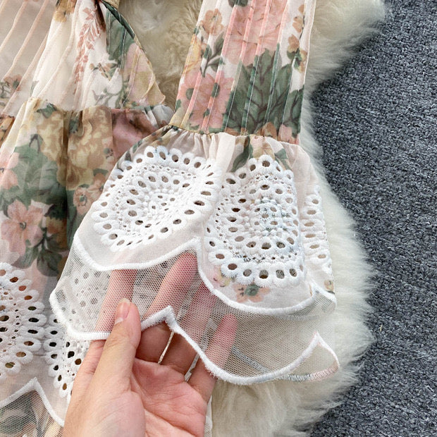 Beautiful floral layers embellished lace trim midi dress