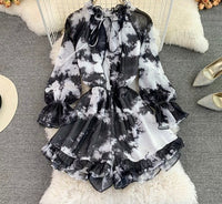 Long sleeve tie neck button up romper