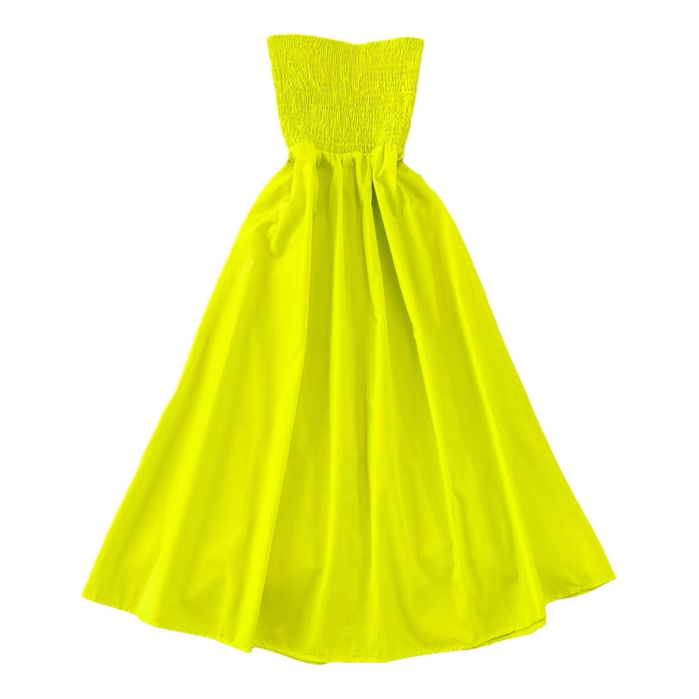 Strapless smocked bodice solid colour midi dress