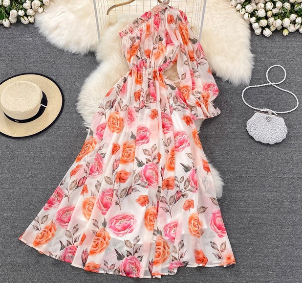 Poet sleeve one shoulder floral maxi dress