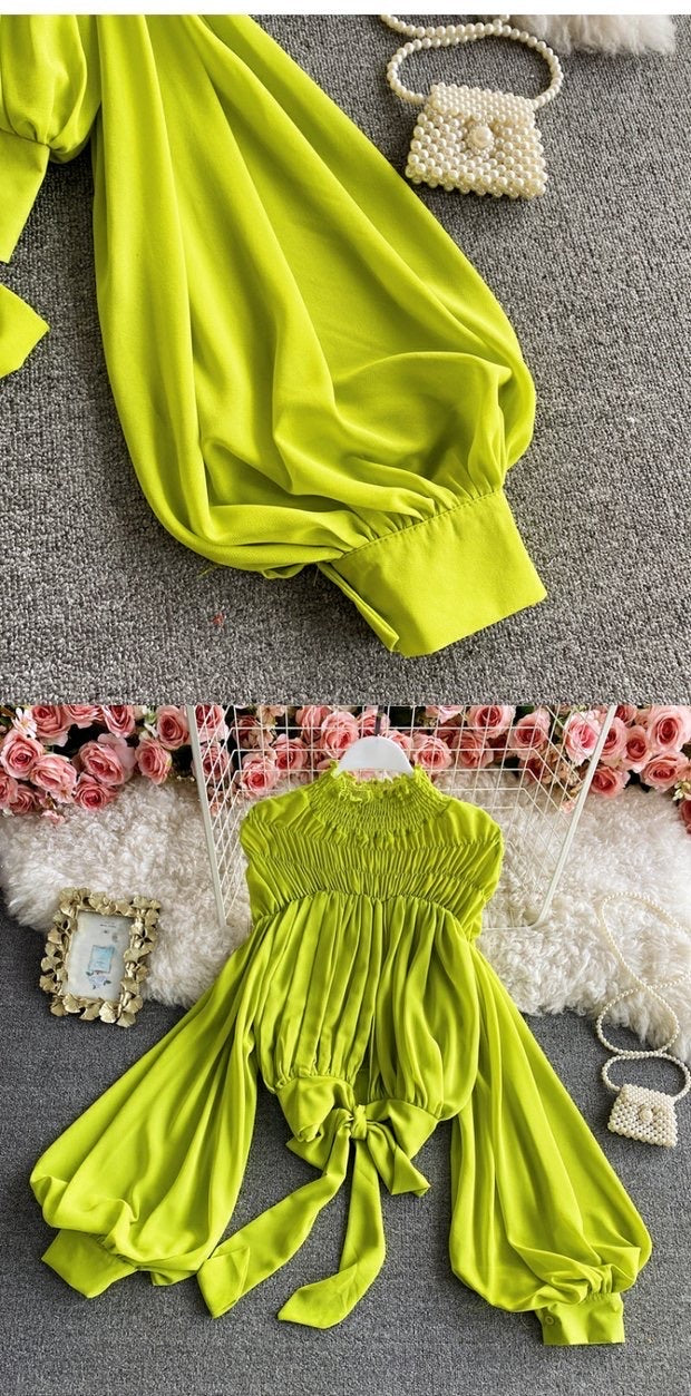 Bishop sleeve ruched neck tie waist top