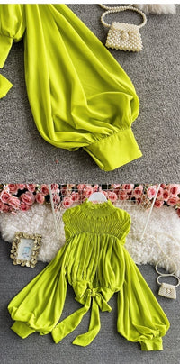 Bishop sleeve ruched neck tie waist top