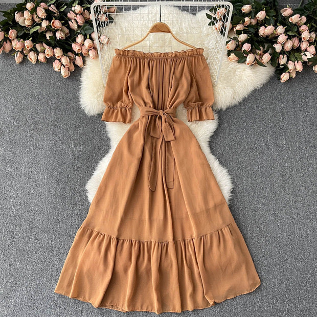 Flowy off shoulder belted maxi dress