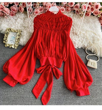 Bishop sleeve ruched neck tie waist top