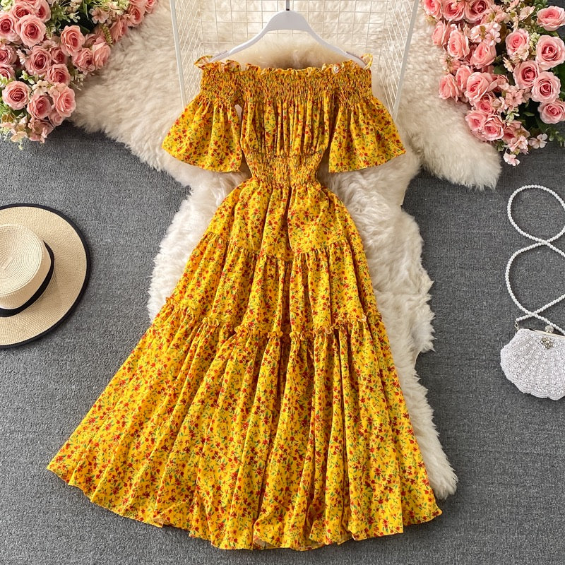Mini floral Flounce sleeve off shoulder tiered midi dress