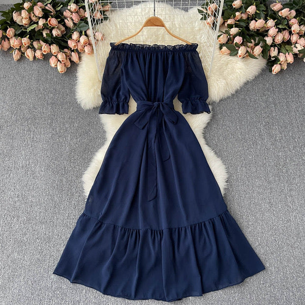 Flowy off shoulder belted maxi dress