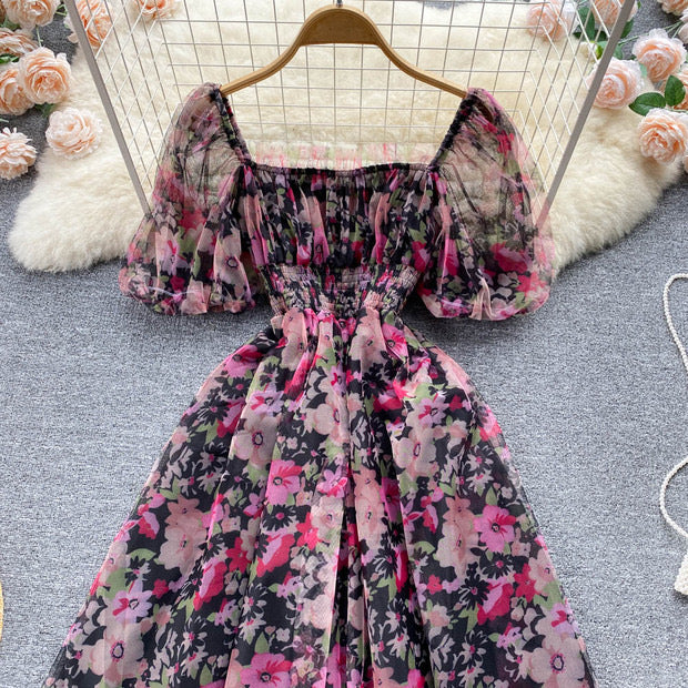 Floral watercolour on mesh lace puff dress