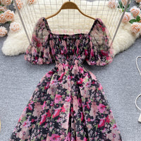 Floral watercolour on mesh lace puff dress