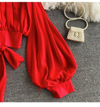 Bishop sleeve ruched neck tie waist top