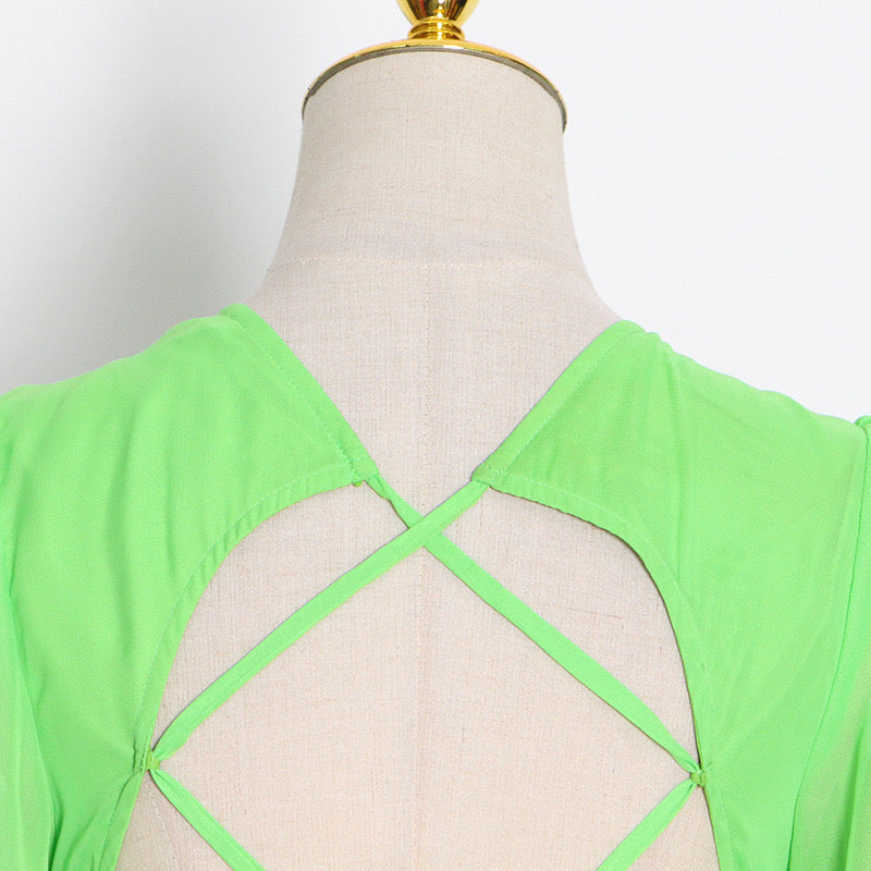 Side ruffle lace up back green maxi dress