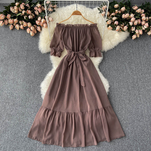 Flowy off shoulder belted maxi dress