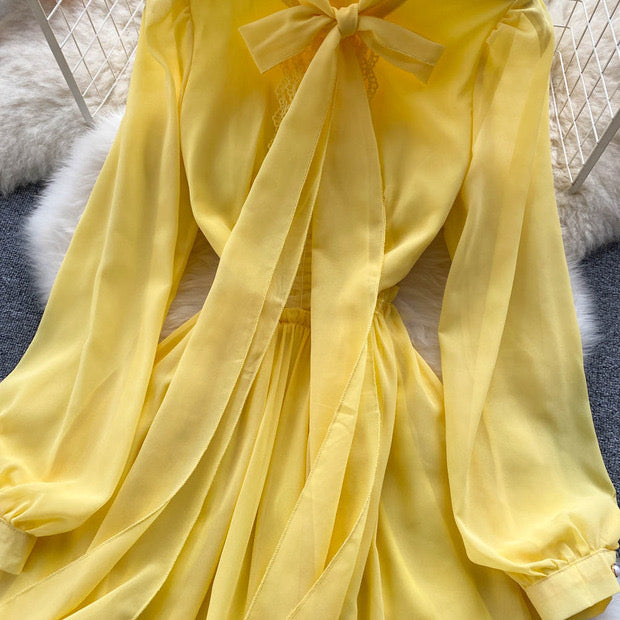 Peasant sleeve tie neck yellow solid maxi dress