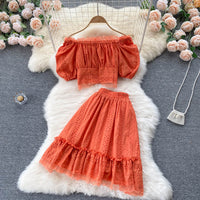 Off shoulder crop top and A line skirt set