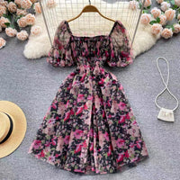 Floral watercolour on mesh lace puff dress