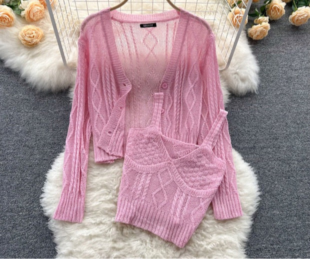 Knitted cami top and cardigan matching floral print jean set