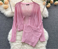 Knitted cami top and cardigan matching floral print jean set