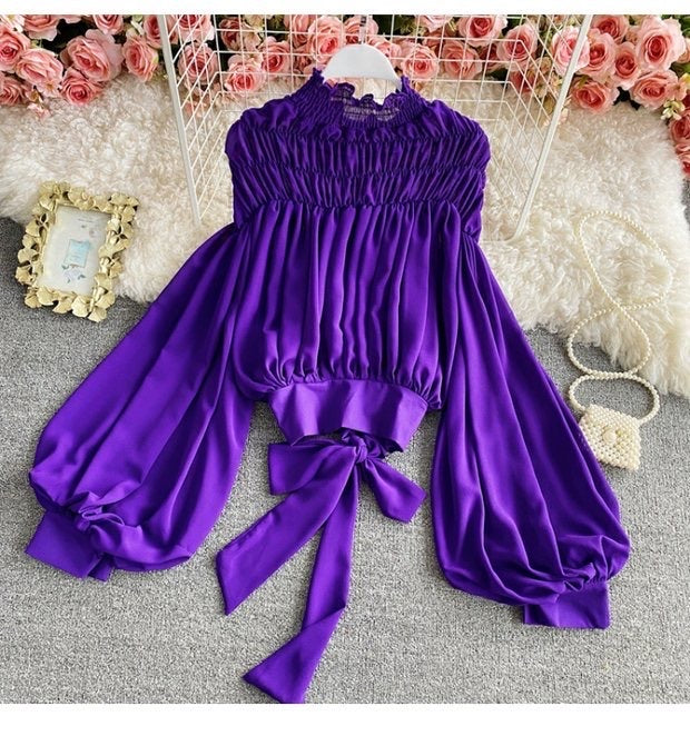 Bishop sleeve ruched neck tie waist top