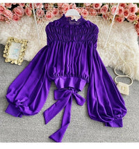 Bishop sleeve ruched neck tie waist top
