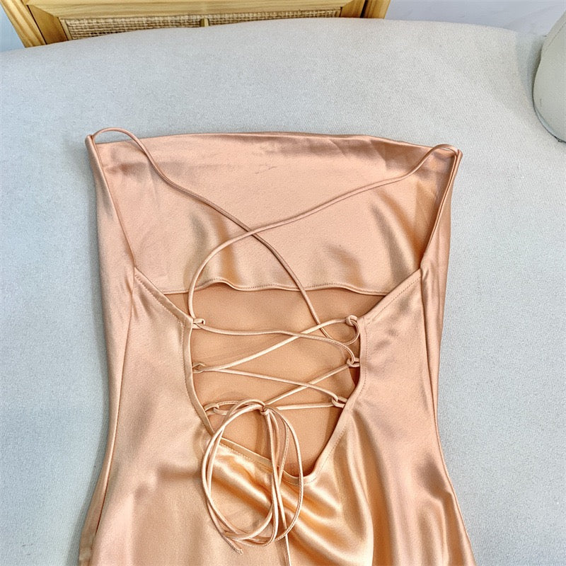 Plunging criss cross back slip dress