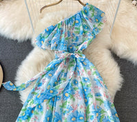 One shoulder ruffle floral maxi dress