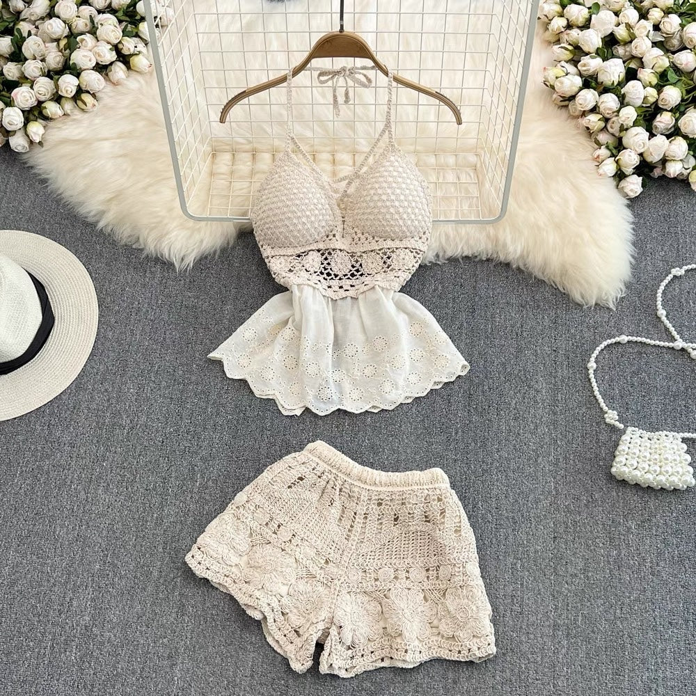 Embroidery lace cami swimming 2 pieces set