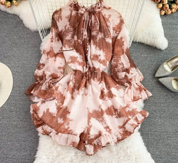 Long sleeve tie neck button up romper