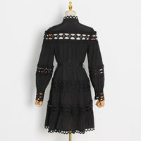 Belted button through embellished lace A line dress