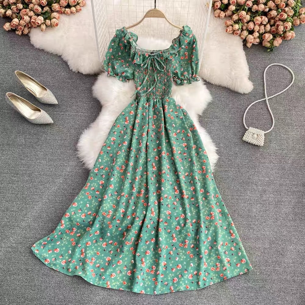 Off shoulder shirred bodice floral maxi dress