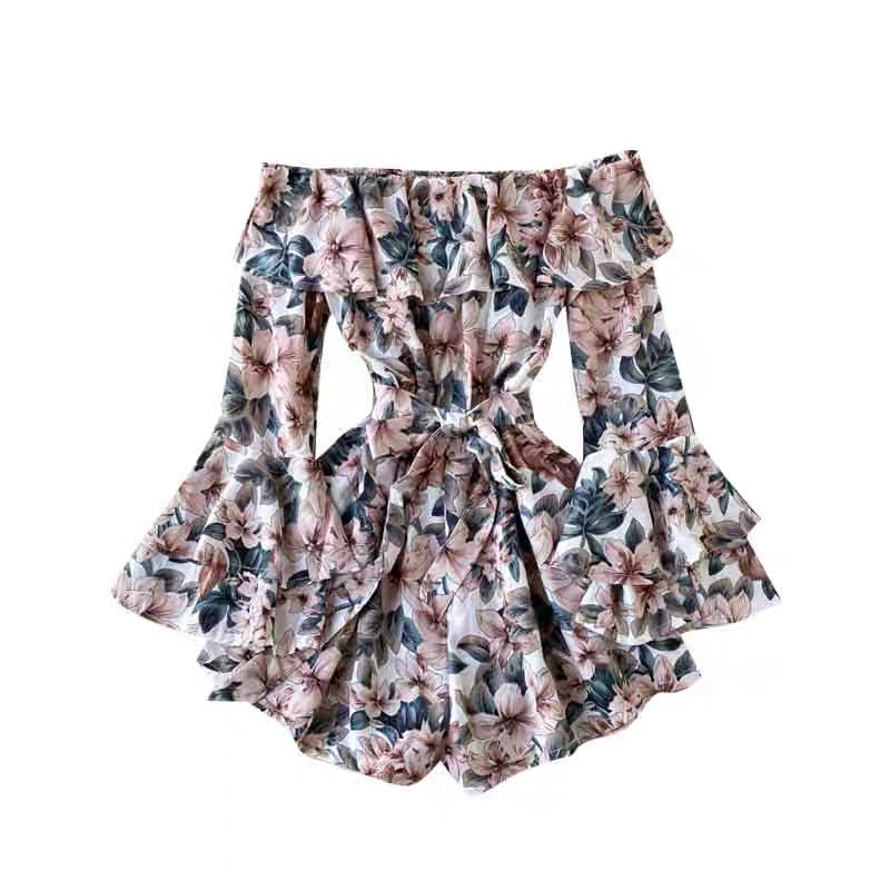 Off shoulder flare sleeve floral romper