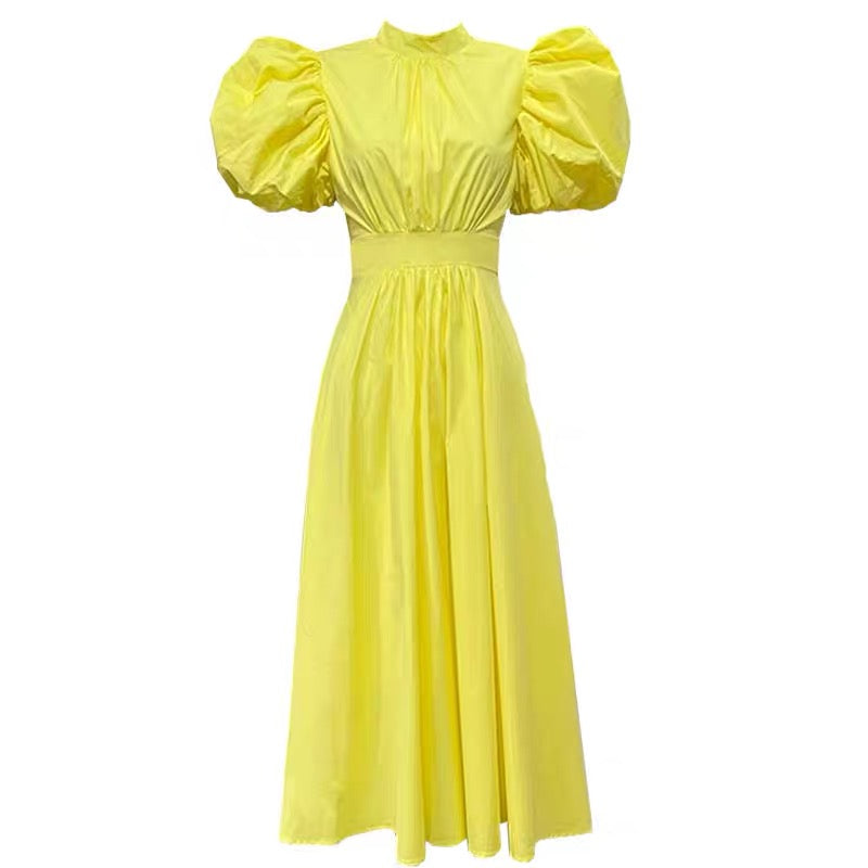 Puff sleeve mock neck solid colour midi dress
