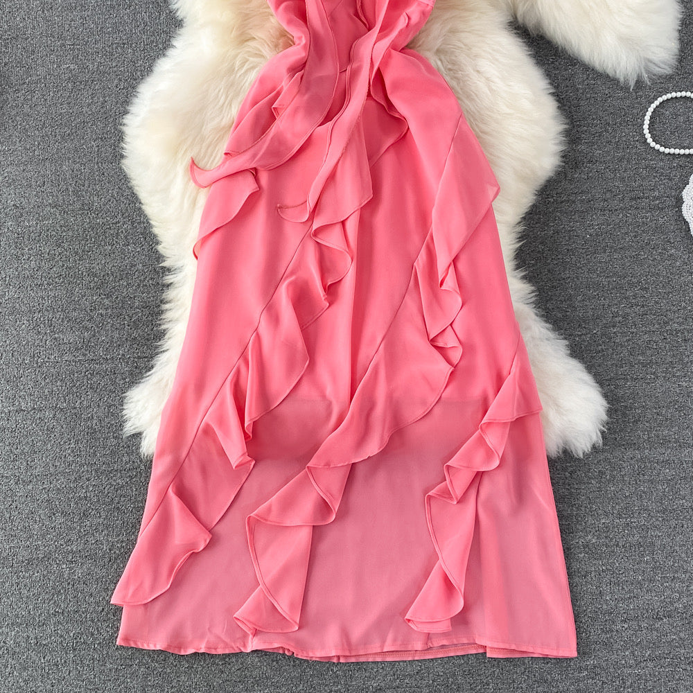 Strappy contract ruffle midi dress