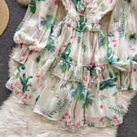 Cuff sleeve V neck floret ruffle mini dress