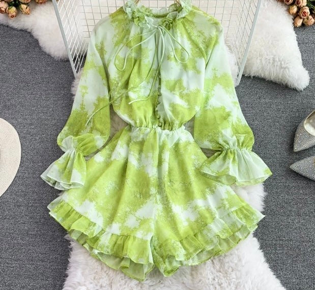 Long sleeve tie neck button up romper