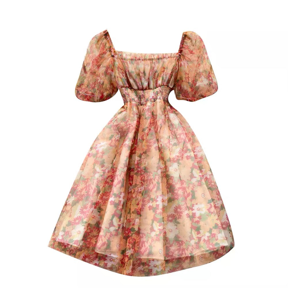 Floral watercolour on mesh lace puff dress