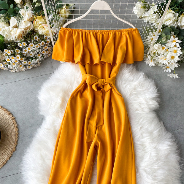 Off shoulder waist tie ruffle jumpsuit